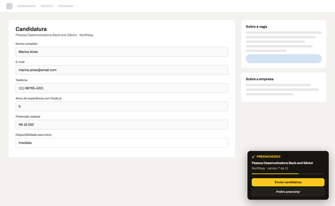 Formulário de candidatura sendo preenchido com o painel do YellowJobs no canto